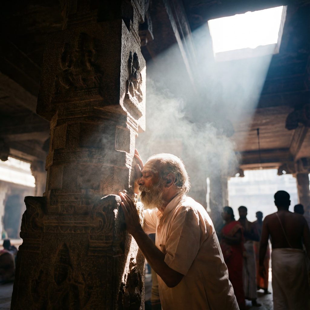 Man touching his forehead to ancient hindy temple piller to feel the Gods divine energy.
