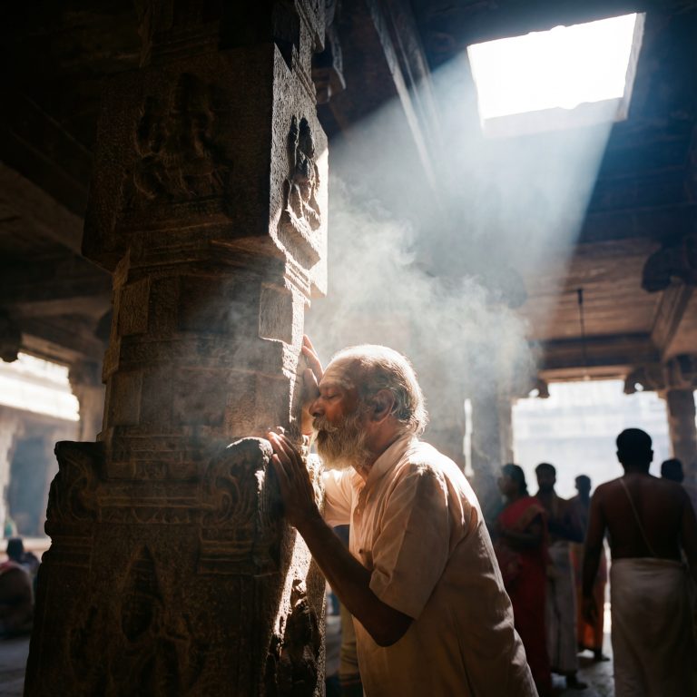 Man touching his forehead to ancient hindy temple piller to feel the Gods divine energy.