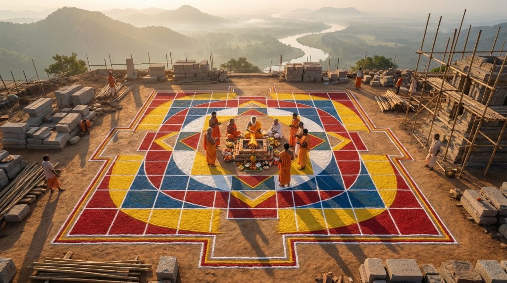भूमि पूजन — Temple foundation ceremony by Sompura Sthapatis