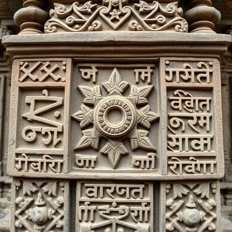 Intricate Hindu temple stone carvings with geometric patterns