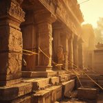 Ancient Indian temple construction showing master architect with measuring cord and stone carvings in progress, warm golden light, documentary photography style