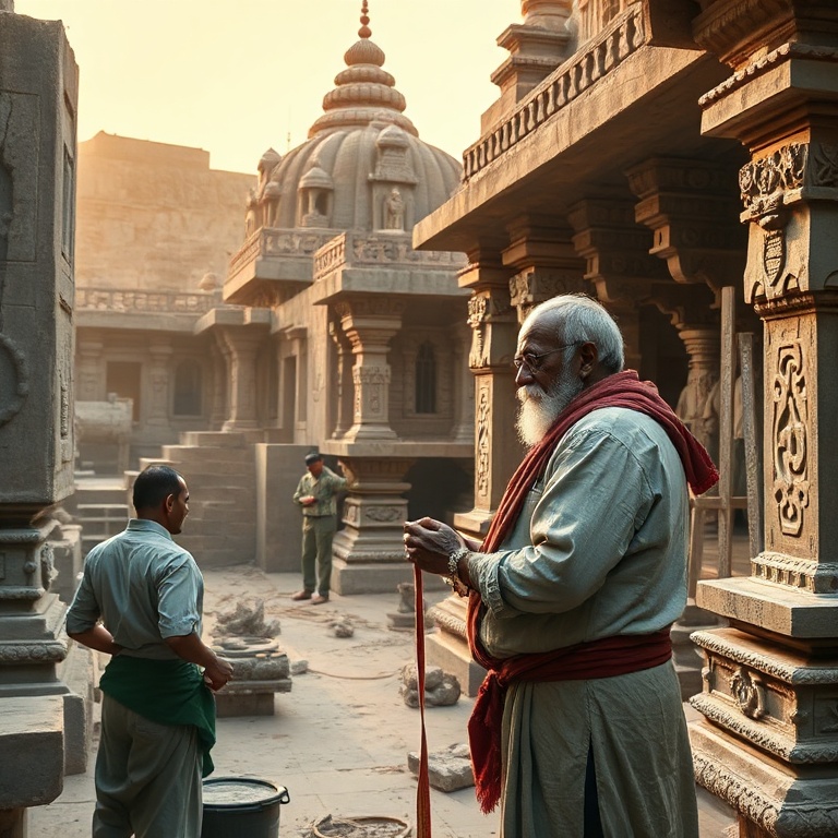Ancient Indian temple construction with master architect directing workers